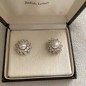Judith Leiber Vintage Pearl & Crystal Starburst Clip-On Earrings